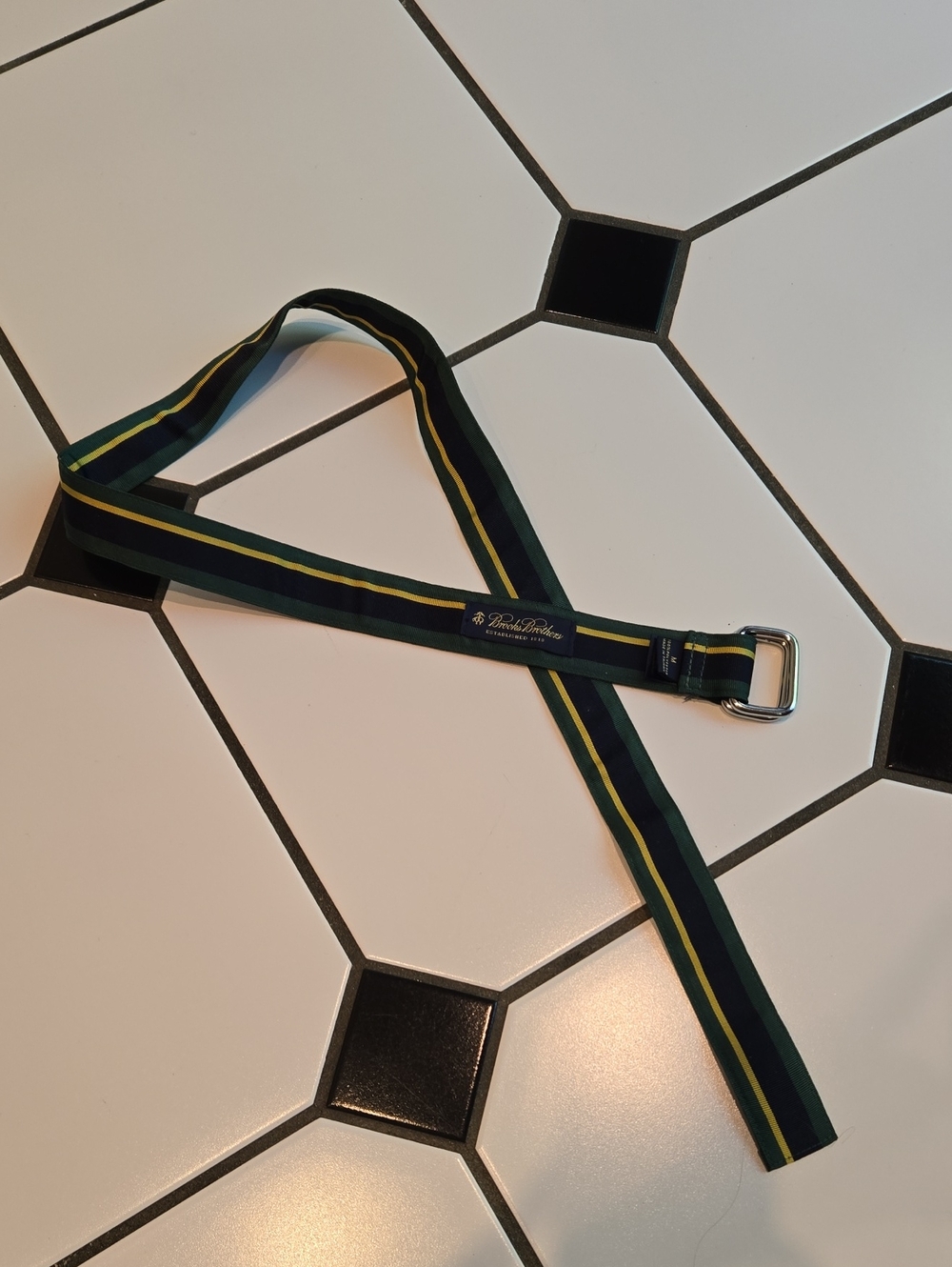 Brooks Brothers Navy Belt with Green and Yellow Stripes